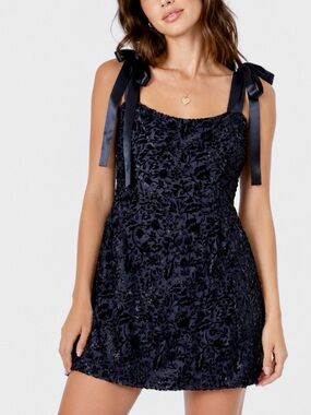 House of Harlow 1960 Blue Damask Burnout Velvet Tie-Shoulder Mini Dress